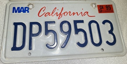 Early white-with-California-in-trendy-script disabled plate, DP59503